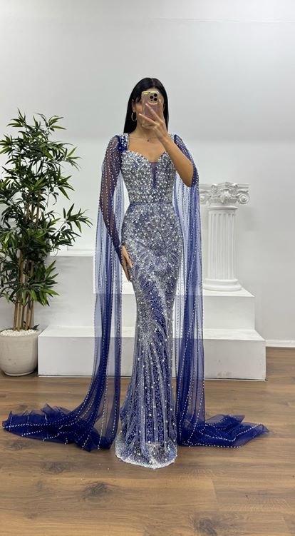 Saks Kollu İnci Süslemeli Abiye Elbise